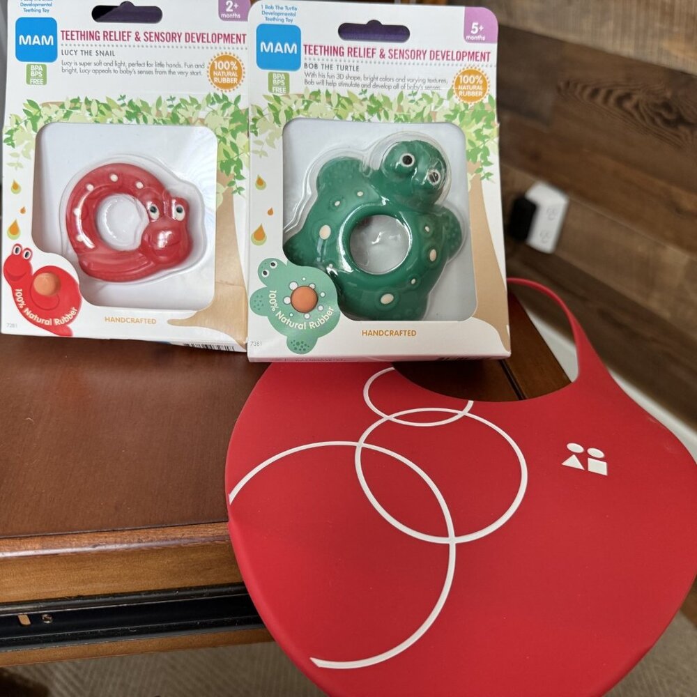 MAM teething toys and silicone bib bundle